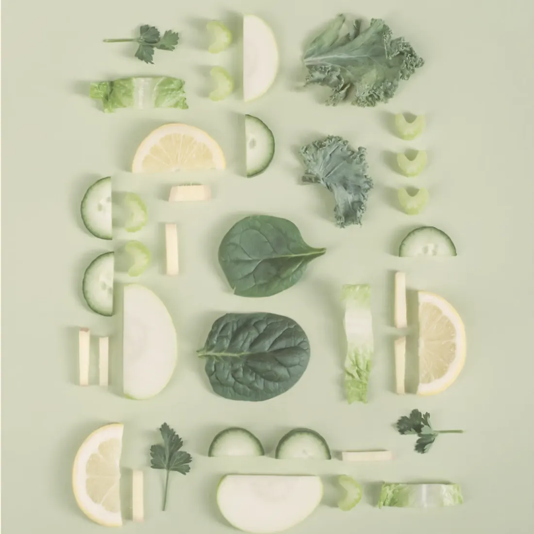 Fresh green produce laid out in a grid