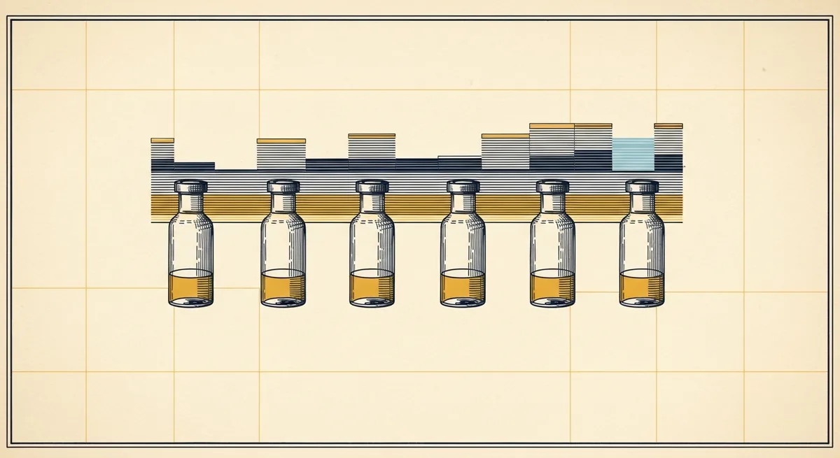 A row of six laboratory specimen vials against a banded chart of stacked reference ranges