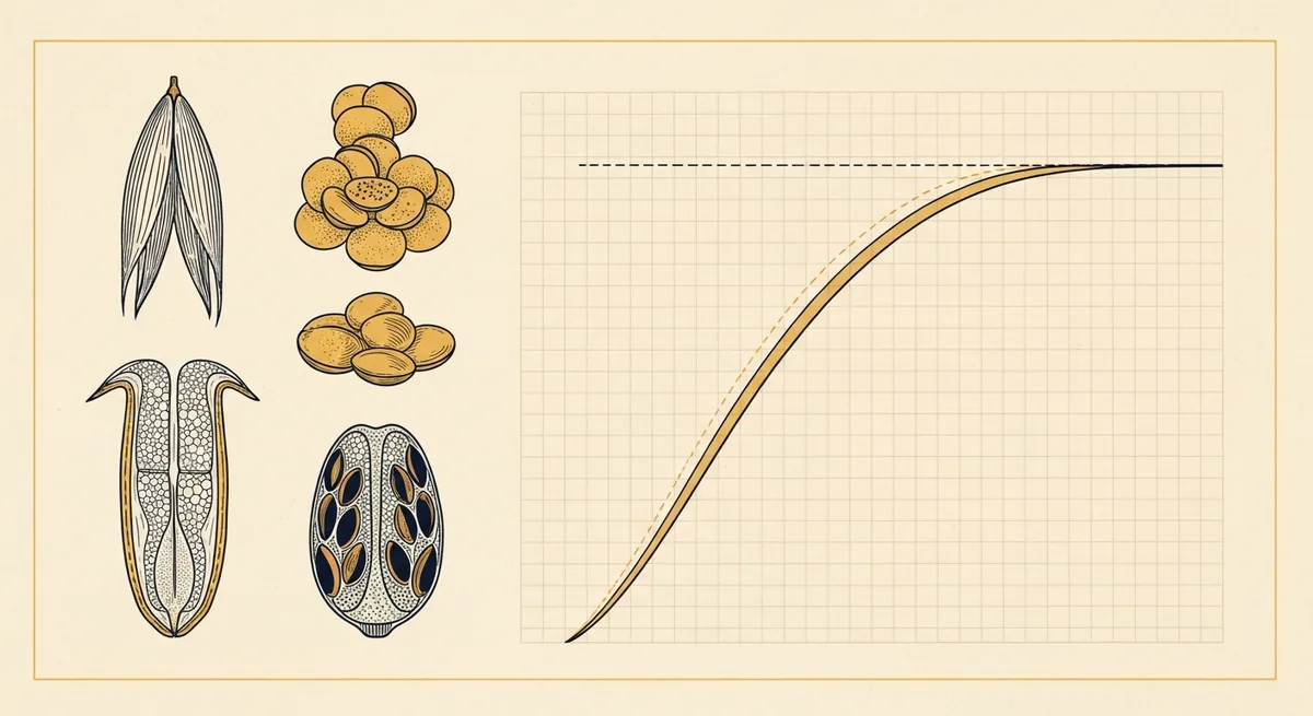 Botanical cross-sections of grain and seed beside a curve that rises and flattens against a dashed ceiling
