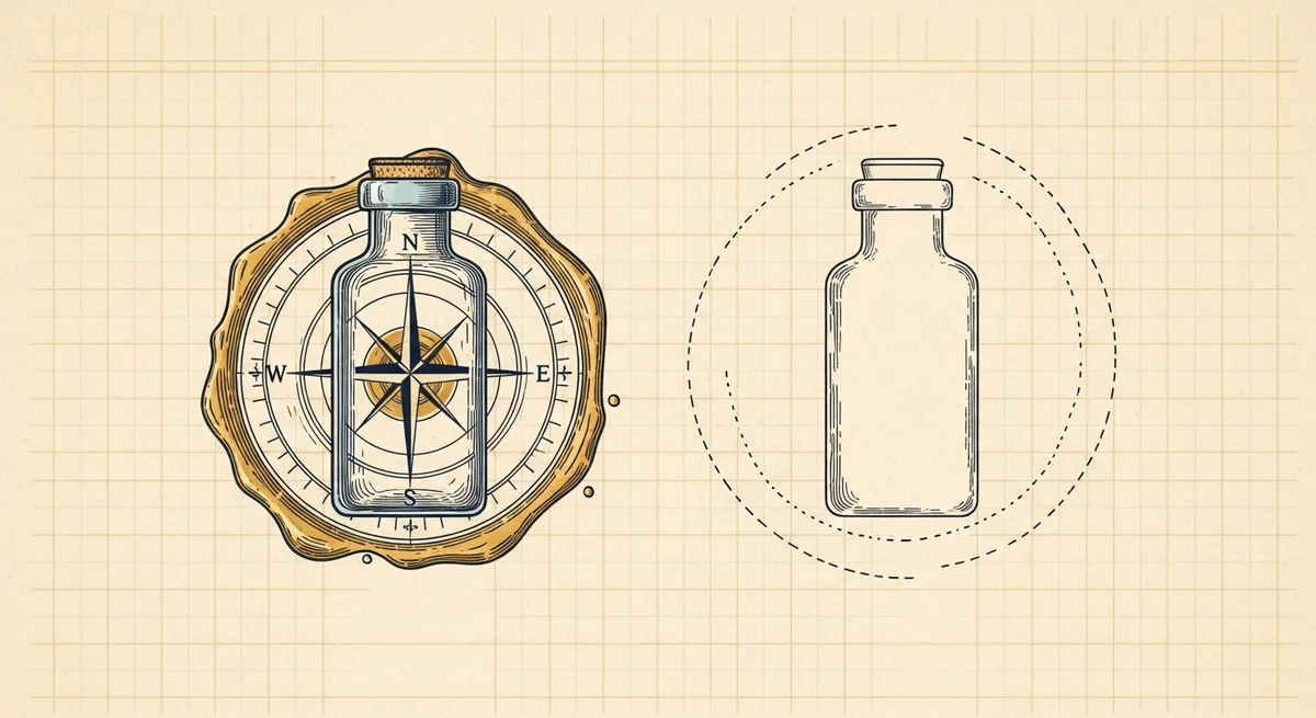 Two vials compared: one sealed within concentric verification rings, one standing alone in a broken dashed outline
