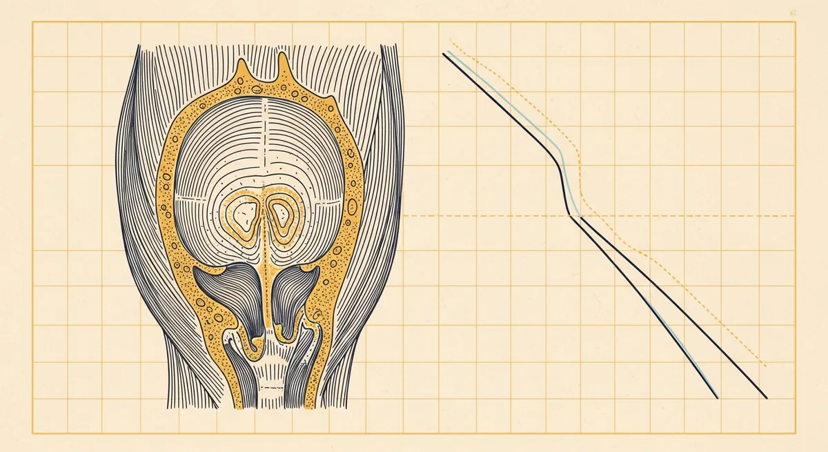 Engraved cross-section of a thigh showing muscle and adipose layers, beside two diverging descending plot lines