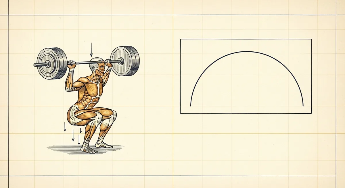 Anatomical figure held mid-squat beneath a loaded barbell, with an inset arc tracing the movement path